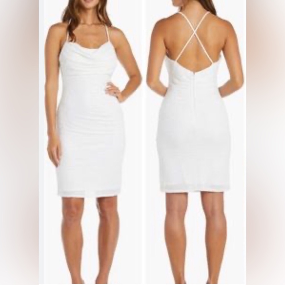 Beautiful White Sequined Cowl Neck, Ruched Spaghetti Strap Dress